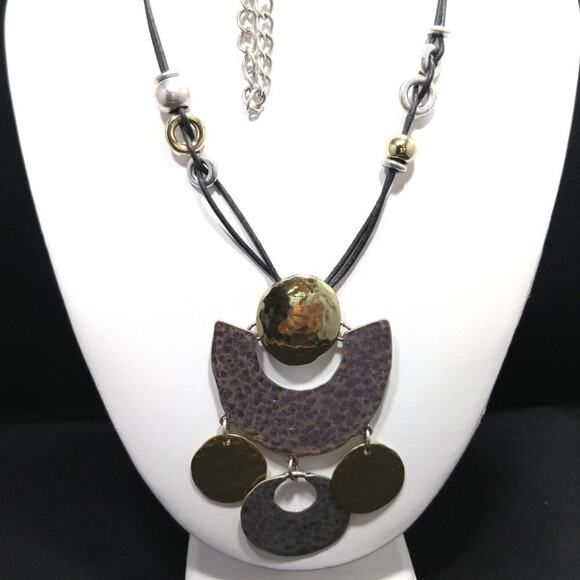 Chico's Long Gold Silver Hammered Pendant Necklace, Black Leather Cords, 35 Inch - Picture 4 of 11